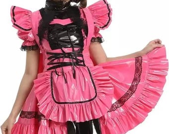 Sexy, tight-fitting red PVC maid outfit, customizable.