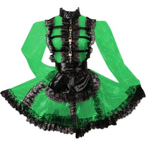 Abschließbares Dienstmädchen-Outfit, langes PVC-Puffärmelkleid. Personalisierbar. Green