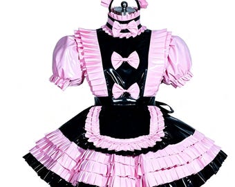 Custom PVC Maid Outfit – Black Pink Color-Block Ruffles, Bows (Cosplay Costume)