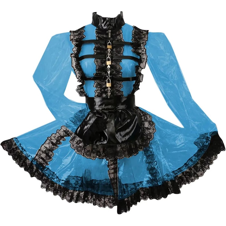Abschließbares Dienstmädchen-Outfit, langes PVC-Puffärmelkleid. Personalisierbar. Blue