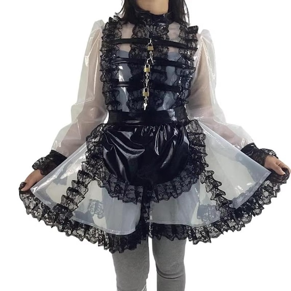Lockable maid outfit, PVC long puff sleeve dress. Customizable.
