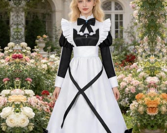Long-style Lolita maid cosplay outfit, long-sleeved formal-style dress, customizable.