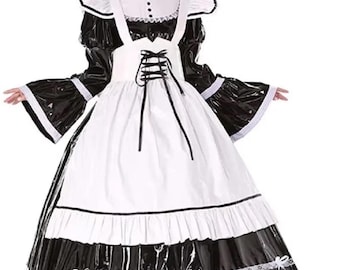 ゴシック調の鍵付きPVC製ロングメイド服、カスタマイズ可能。