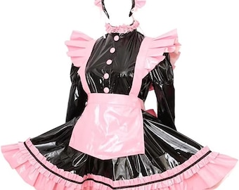 Lockable PVC long-sleeved ruffled maid outfit, customizable.