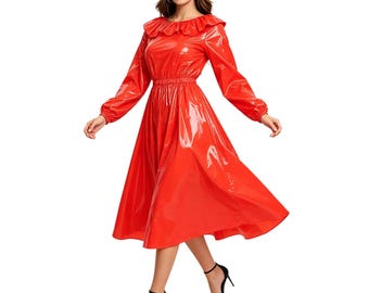 Custom PVC Midi Dress: Fitted Waist, Flared Skirt, Nightclub Rave Wear