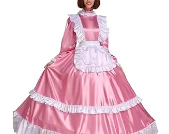 ピンクのサテン製メイド服。休日やパーティーに最適です。カスタマイズ可能です。