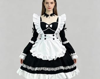 Black and White Satin Lolita Maid Outfit – Halloween Cosplay Party Costume (Customizable)