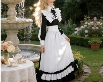 Long Satin Nun-Style Maid Outfit – Black & White Cross Lolita Dress – Holiday Cosplay Costume (Customizable)