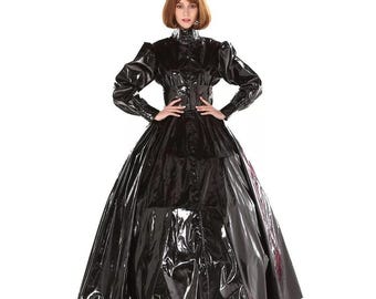Gothic-style glossy PVC long dress; dark-aesthetic, high-collar, fitted-waist, full-skirt maxi dress (customizable).