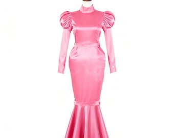 Pink satin puff sleeve fishtail maxi dress elegant and sexy evening gown