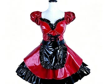 Glossy Red and Black Color-Block PVC Maid Outfit (Customizable)