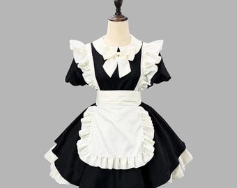 Lolita Maid Cosplay Costume – Maid Dress with Bows, Inverted Pleats, and Ruffles (Customizable)
