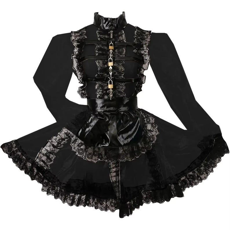 Abschließbares Dienstmädchen-Outfit, langes PVC-Puffärmelkleid. Personalisierbar. Black