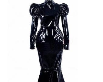 Dark-style PVC fishtail dress; long, form-fitting dress featuring puff sleeves and a hip-hugging silhouette; customizable.