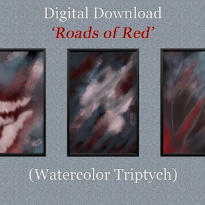Puede incluir: Descarga digital de un tríptico de acuarela titulado 'Roads of Red'. La obra presenta tres pinturas abstractas enmarcadas con pinceladas rojas, blancas y azules. El tema general es un diseño artístico moderno.