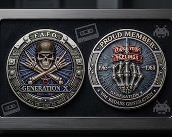 Generation X Rebel Spirit Challenge Coin | FAFO Skull Middle Finger Pocket Coin | Funny Gen X Keepsake | Badass 1965-1980 Gag Gift for Men