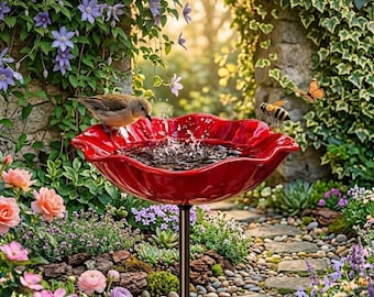 Estaca de jardín de metal hecha a mano con forma de flor - Baño decorativo para pájaros y abejas - Adorno floral rojo vibrante para el jardín - Regalo único para amantes de la naturaleza