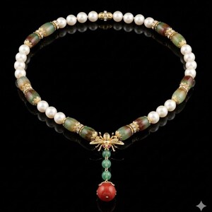 May include: A pearl necklace with green and brown beads, gold accents, and a bee pendant with red and green accents. The necklace is displayed on a black background.
