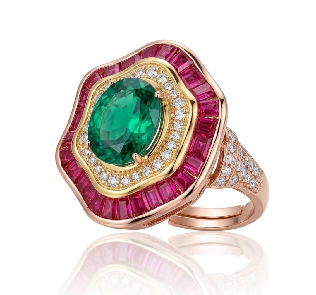 Dearyesterday Vintage Emerald Green Ruby Red Halo Ring, Adjustable Art ...