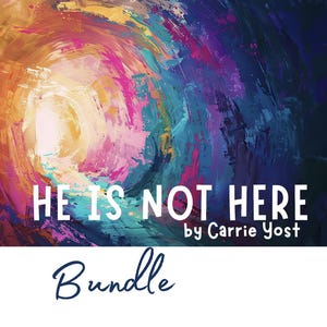 Könnte beinhalten: Abstrakter Kunstdruck mit einem Wirbel aus leuchtenden Farben, darunter Orange, Rosa und Lila. Der Text "HE IS NOT HERE" ist in Weiß gehalten, darunter steht "by Carrie Yost". Das Wort "Bundle" ist kursiv geschrieben.