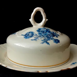Vintage Bareuther Bavaria Porcelain Covered Butter Dish | Cream & Blue Floral Round Butter Tub Keeper | German Cottagecore Tableware