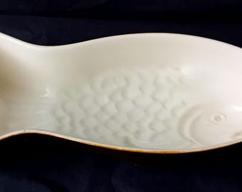Vintage Ceramic Fish Mold | 29cm Large Brown & White Pottery