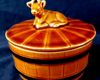 Vaschetta per burro vintage in ceramica a forma di mucca - Barattolo smaltato marrone con pomello a forma di mucca