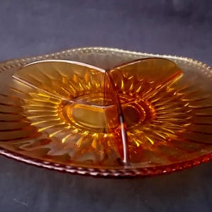 Vintage Amber Glass Divided Dish 18cm | 3-Section Sunburst Pressed Glass Tray | MCM Relish Candy Dish