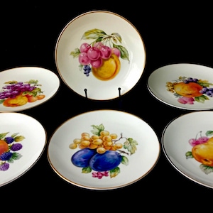 Op de afbeelding: Een set van zes witte keramische borden met goudkleurige randen, elk voorzien van een unieke, kleurrijke illustratie van diverse vruchten zoals perziken, druiven, pruimen en bessen in het midden van de ronde serviesstukken.