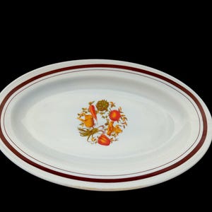 Peut inclure: Plat ovale de service avec une base blanche et une bordure double ligne marron. Le centre présente une illustration colorée de légumes, dont des carottes, des tomates et des courges. Une pièce décorative pour servir des aliments.