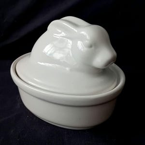 Może przedstawiać: Białe ceramiczne naczynie z pokrywką, na której znajduje się wyrzeźbiona figurka królika. Pojemnik ma owalny kształt oraz gładkie, błyszczące powierzchnie. Pokrywka pasuje do podstawy, a całość wykończona jest jednolitą, białą warstwą szkliwa.