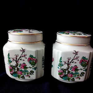 Op de afbeelding: Twee witte keramische potten met deksels. Elke pot heeft een bloemenontwerp met roze en groene bloemen, bruine takken en gouden randen. De potten hebben een zeshoekige vorm en staan tegen een donkere achtergrond.