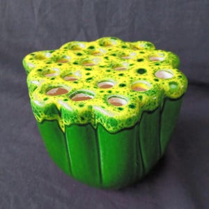 Op de afbeelding: Een keramische bloemenkikker, overwegend groen met een gele bovenkant. De bovenkant heeft talrijke gaten voor het schikken van bloemen. De kikker heeft een glanzende afwerking en staat tegen een donkere achtergrond.