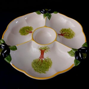 Olive Serving Dish: Hand-Painted Ceramic with Center Skewer Holder