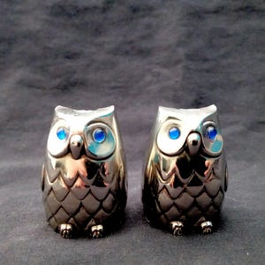 Op de afbeelding: Twee zilverkleurige uilbeeldjes met helderblauwe ogen. De uilen hebben een metallic afwerking en een gestructureerd, schubachtig patroon op hun lichaam. Ze staan rechtop tegen een donkere achtergrond.