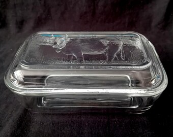 Vintage Arcoroc France Glass Butter Dish with Relief Cow | 1970s Country Kitchen French Butter Keeper | Cottagecore Farmhouse Decor