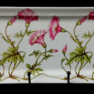 Vintage Pillivuyt France Porcelain Cake Platter | Pink Morning Glory Botanical Serving Tray | French Fine China Rectangular Dish 37cm