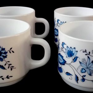 Set of 4 Vintage Arcopal France "Anemone" Coffee Cups | Retro Blue Flower Opaline Milk Glass Stackable Mugs 1970s