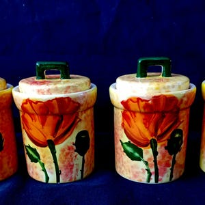 Vintage Hand-Painted Poppy Spice Jars – Set of 4 – Mediterranean Style Ceramics