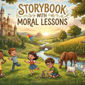 Puede incluir: Ilustración colorida de un libro infantil titulado "Storybook with Moral Lessons". La imagen muestra a niños jugando en un campo con un castillo al fondo. También hay un caballo, cabras y un espantapájaros. El texto "DIGITAL DOWNLOAD - EBOOK PDF & FLIPBOOK" está en la parte inferior.