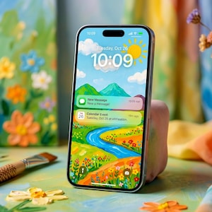 May include: A smartphone screen shows a vibrant landscape painting with a river, mountains, and flowers. The time displayed is 10:09, with notifications for a new message and a calendar event. The phone is resting on a pink block, with a painted canvas in the background.