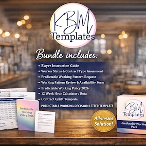 May include: A product bundle from KBM Templates, featuring a box, documents, and a gold sticker. The box and documents display the text "Predictable Working Policy 2026" and "Predictable Working Pack". The bundle includes a buyer instruction guide and other resources.