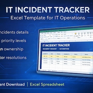 May include: A digital IT Incident Tracker Excel template displayed on a laptop screen. The template includes sections for logging incident details, tracking priority levels, assigning ownership, and monitoring resolutions. The image also includes the text "Instant Download | Excel Spreadsheet."