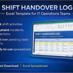 IT Shift Handover Log Excel Template | NOC Operations Report (Digital Download)