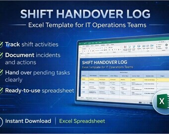 IT Shift Handover Log Excel Template | NOC Operations Report (Digital Download)