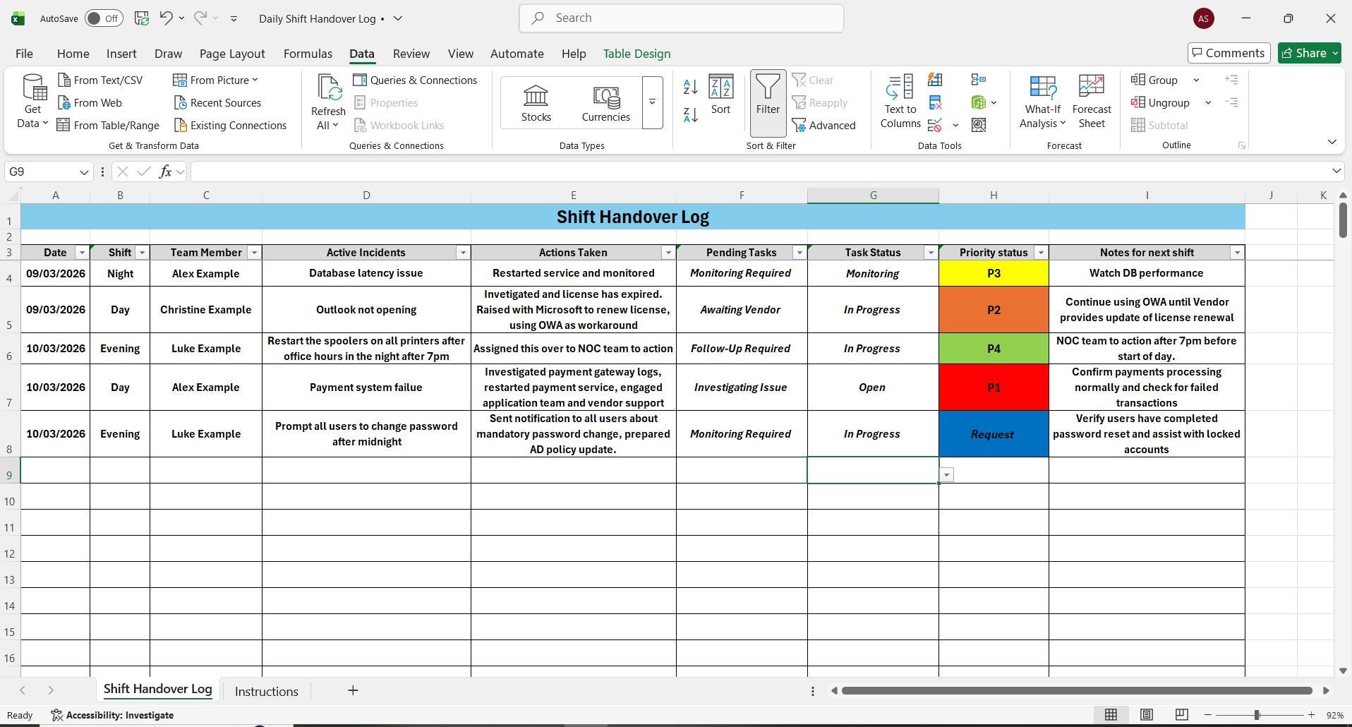 IT Shift Handover Log Excel Template | NOC Operations Report (digital ...