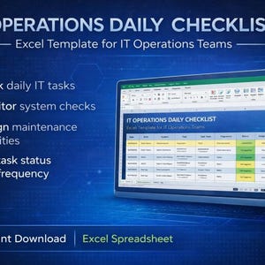 May include: A digital image shows an Excel spreadsheet titled "IT OPERATIONS DAILY CHECKLIST" on a laptop screen. The checklist template includes sections for tracking IT tasks, monitoring system checks, assigning maintenance activities, and logging task status. The image also includes the text "Instant Download".