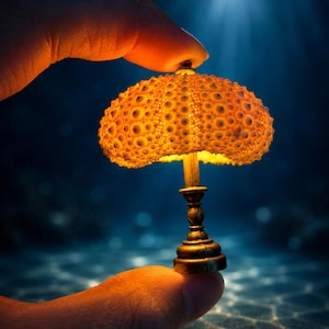 May include: A miniature lamp with a sea urchin lampshade, held between fingers. The lampshade is a warm orange color with numerous small holes, casting a soft glow. The base and stem are a dark bronze color, creating a striking contrast against the illuminated shade.