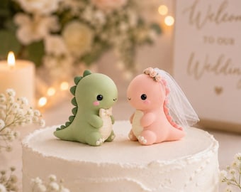 Dinosaur Bride Groom Cake Topper, Pastel Clay Wedding Figurines (5cm)