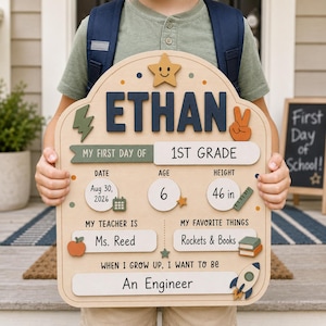 Könnte beinhalten: Ein hölzernes Schild für den ersten Schultag mit dem Namen ETHAN in dunkelblauen Buchstaben, mit Feldern für Datum 30. Aug. 2026, Alter 6, Größe 117 cm, Lehrerin Ms. Reed, Lieblingsdinge Rockets & Books und dem Berufswunsch An Engineer.